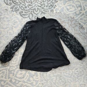 Joseph A. Sequins Balloon Sleeve Mock Neck Blouse Black Medium